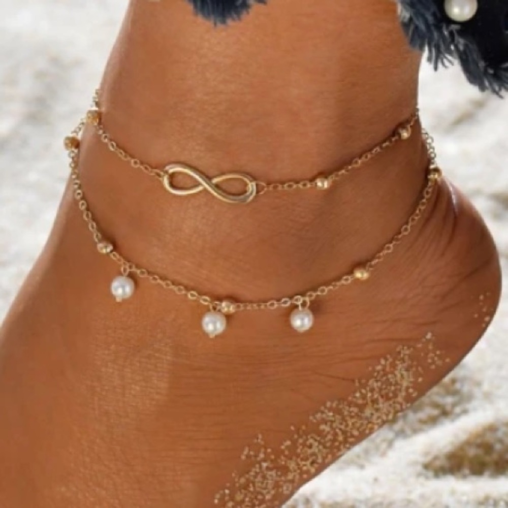 Infinity Pearl Gold Toned Anklet - Picture 2 of 2